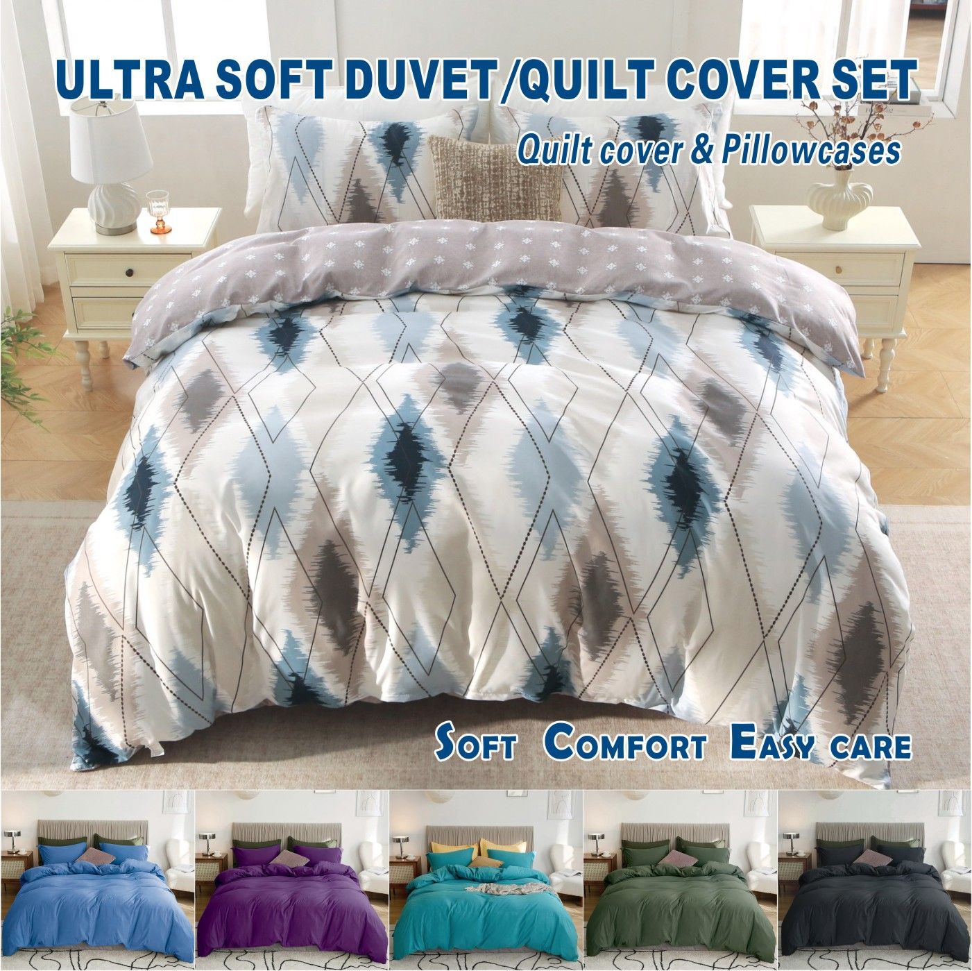 Microfibre Quilt Cover Set – Modern Geometric, Queen, 3 Piece