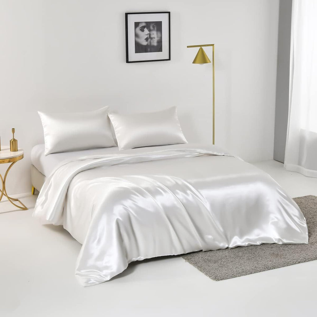 Satin Quilt cover Set Hotel 3 Pieces Quilt cover with Pillowcase, Art Silk Bedding Set-Luxury Soft Silky pillowcase for Hair and Skin, Similar to Silk Duvet/Donna Cover Set- 3 Pieces(Super King,White)