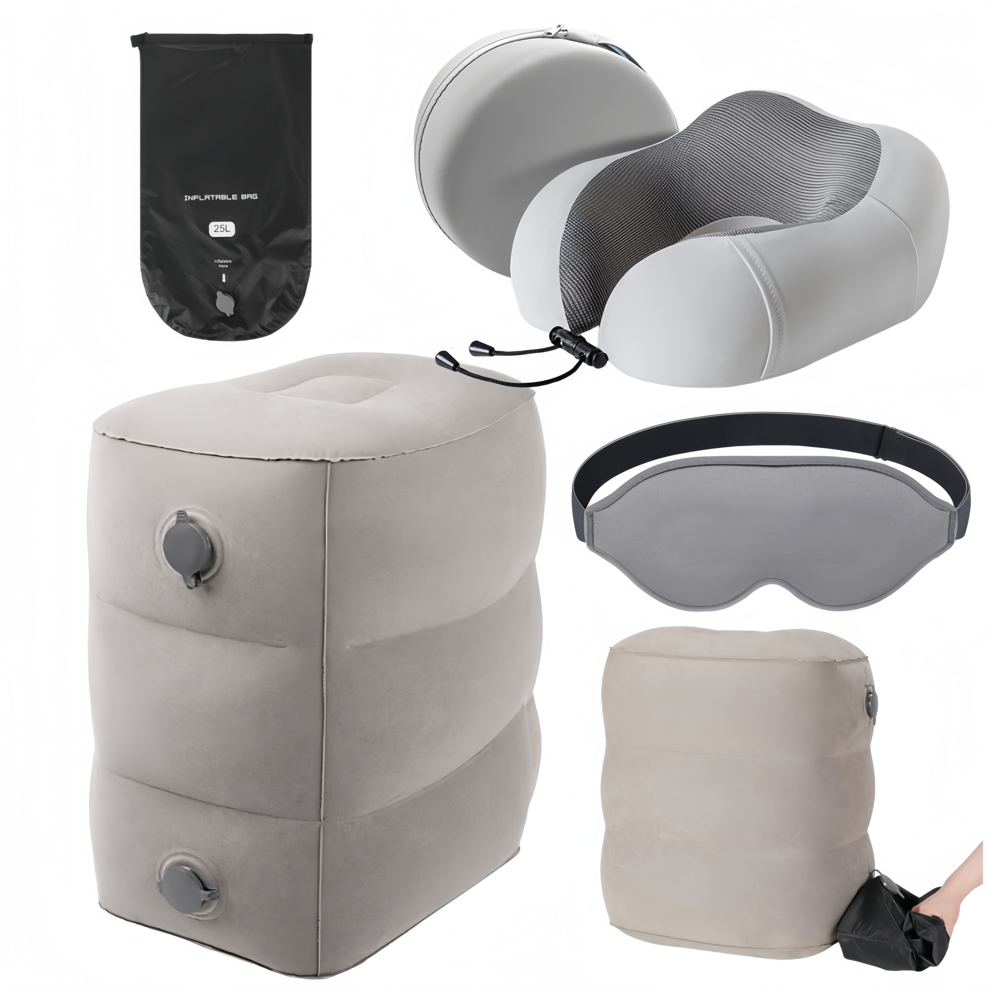 5-Piece Travel Comfort Kit with Neck Pillow & Inflatable Footrest