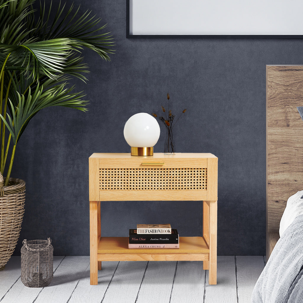 Casa Decor Santiago Rattan Bedside Table – Oak