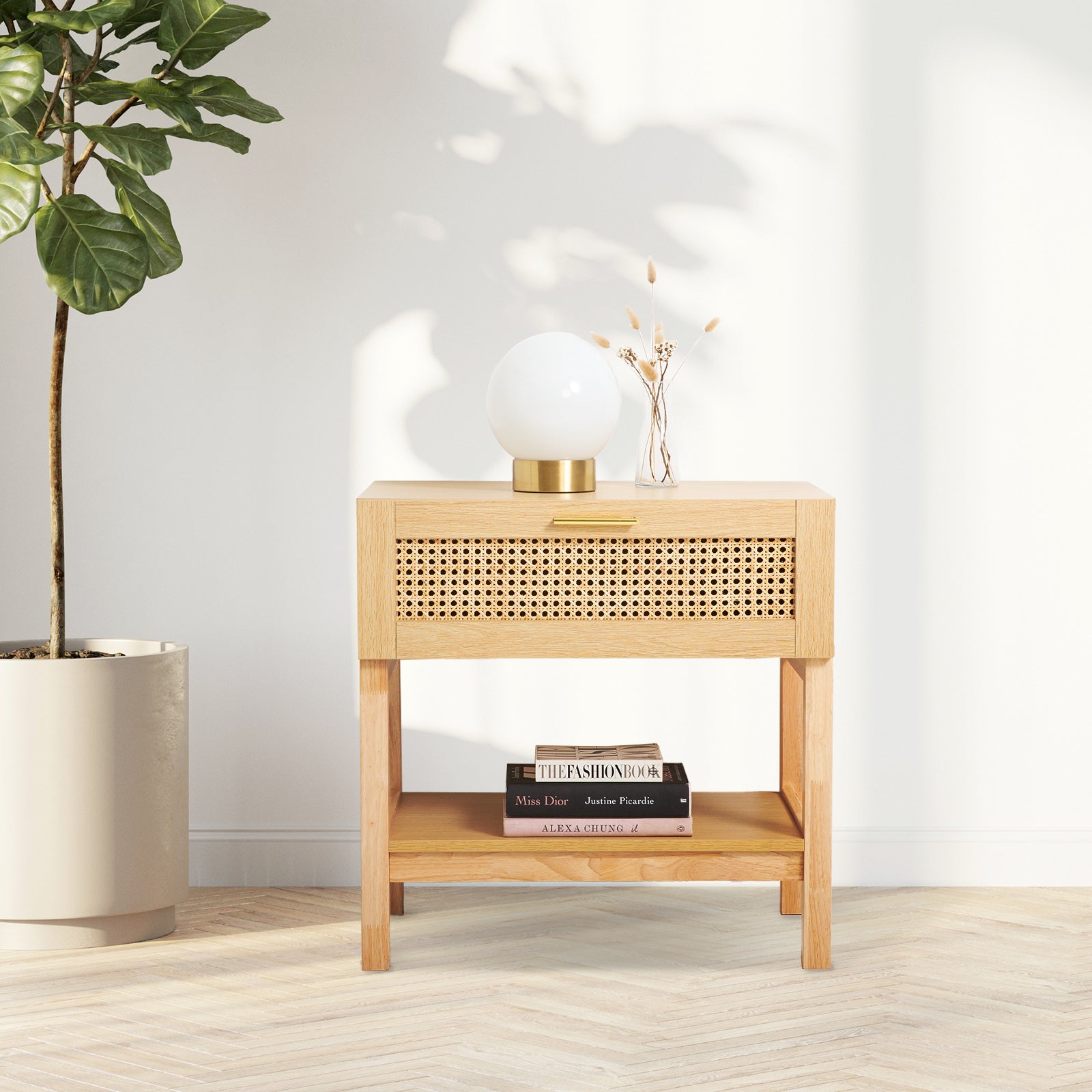 Casa Decor Santiago Rattan Bedside Table – Oak