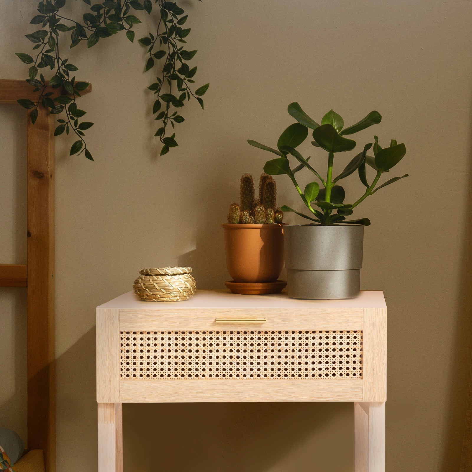 Casa Decor Santiago Rattan Bedside Table – Oak