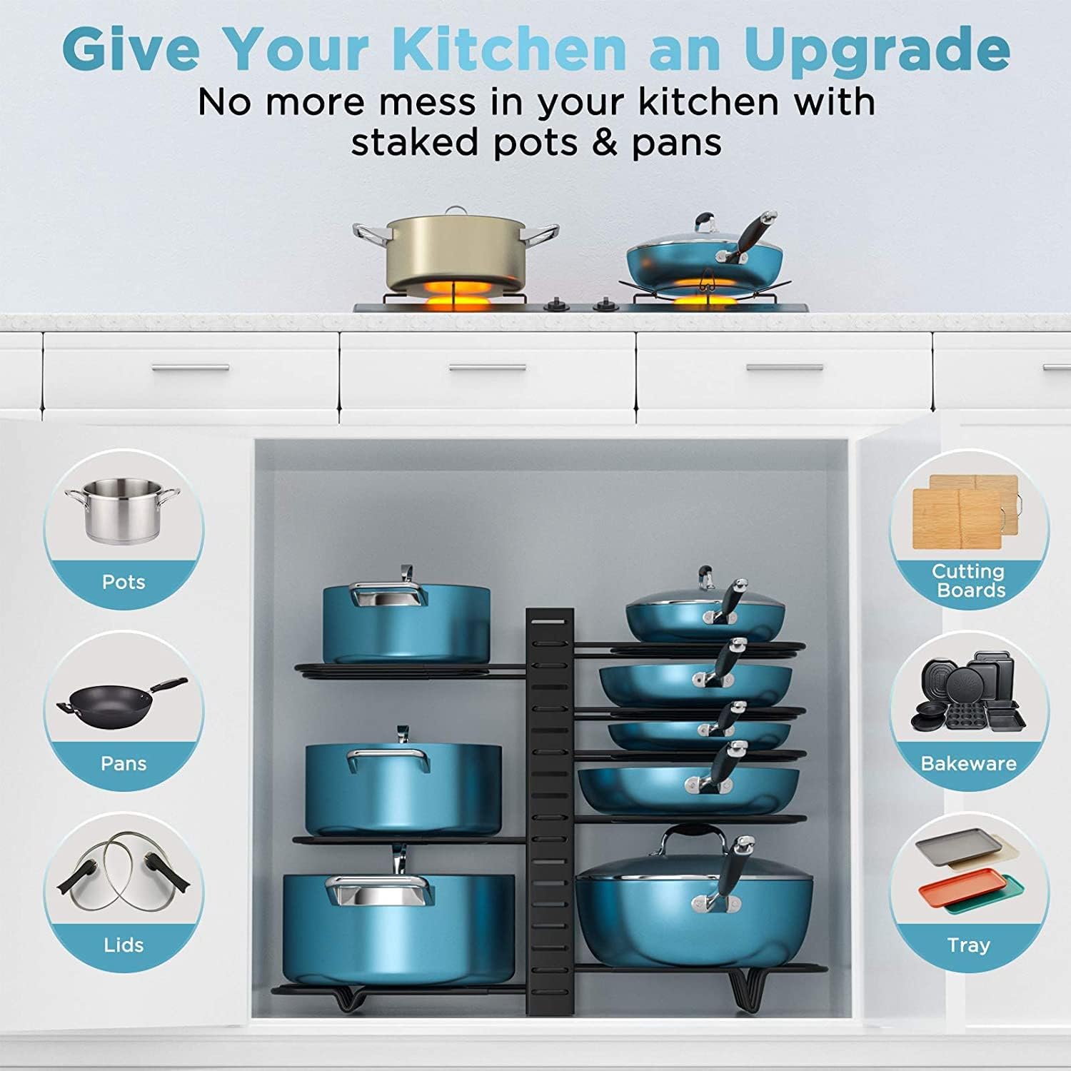 CARLA HOME Adjustable 8-Tier Pan Rack Pot Organizer for Kitchen Cabinet