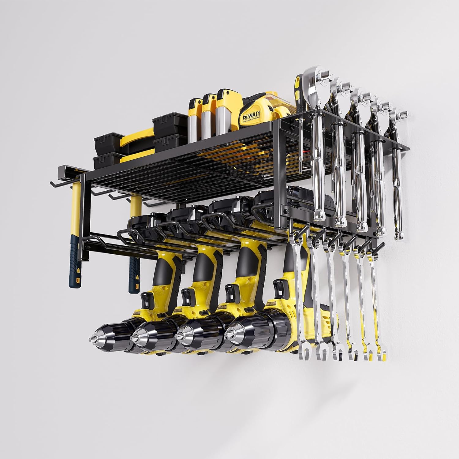CARLA HOME 2-Tier Power Tool Rack Organizer Wall Mount with Drill Holder & Wrench Hooks for Cordless Tools & Workshop Organization