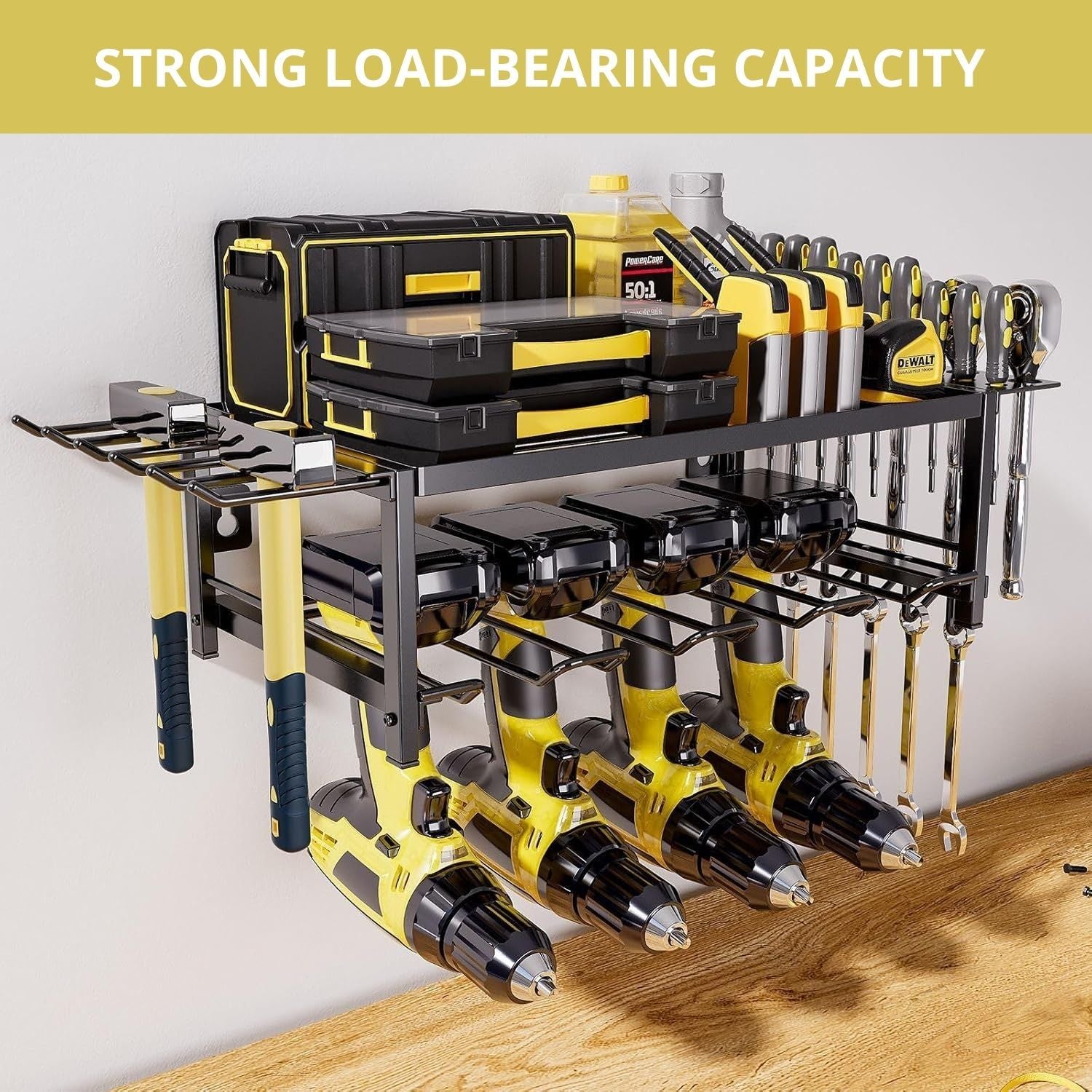 CARLA HOME 2-Tier Power Tool Rack Organizer Wall Mount with Drill Holder & Wrench Hooks for Cordless Tools & Workshop Organization