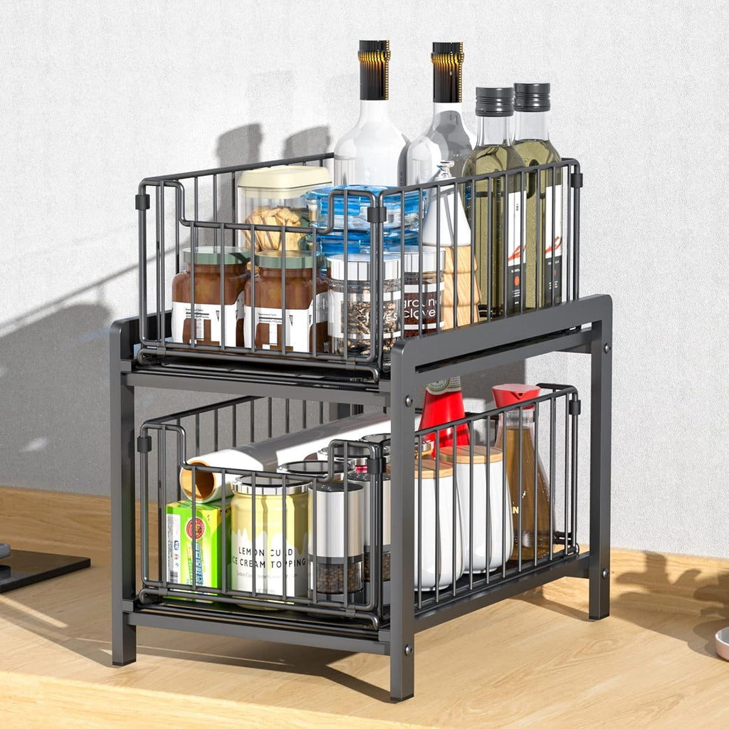 CARLA HOME 2 Tier Sliding Cabinet Organizer Drawer Storage Rack for Kitchen or Bathroom