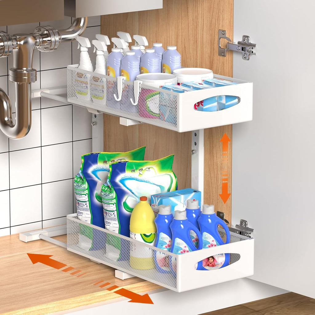 CARLA HOME 2 Tier Under Sink Organizer Pull Out Sliding Cabinet Storage Shelf with Height Adjustable for Kitchen, Bathroom or Laundry Room (White)