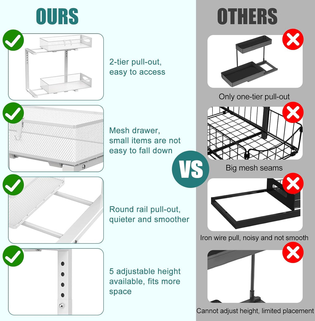 CARLA HOME 2 Pack Under Sink Organizer Pull Out Sliding Cabinet Storage Shelf with Height Adjustable for Kitchen, Bathroom or Laundry Room (White)