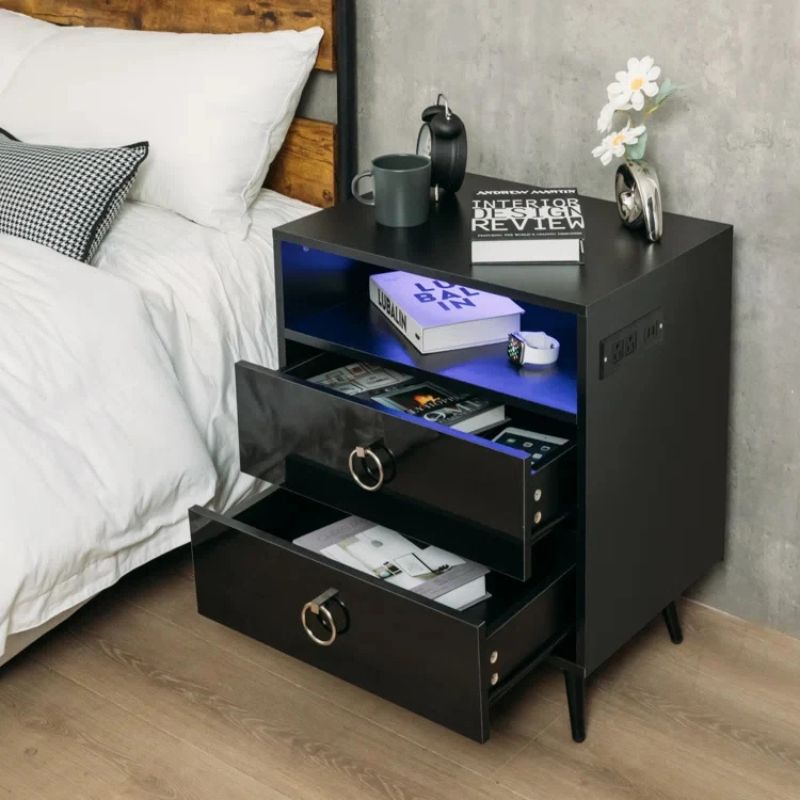 Amelia LED Bedside Table with USB & Power Outlet – Black