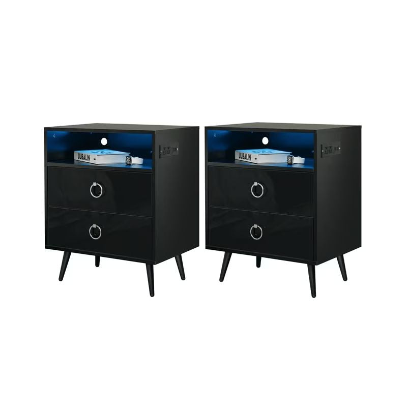 Amelia LED Bedside Tables with USB & Power Outlet – Black, Set of 2