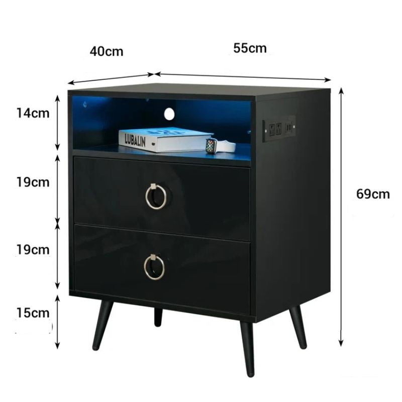 Amelia LED Bedside Tables with USB & Power Outlet – Black, Set of 2