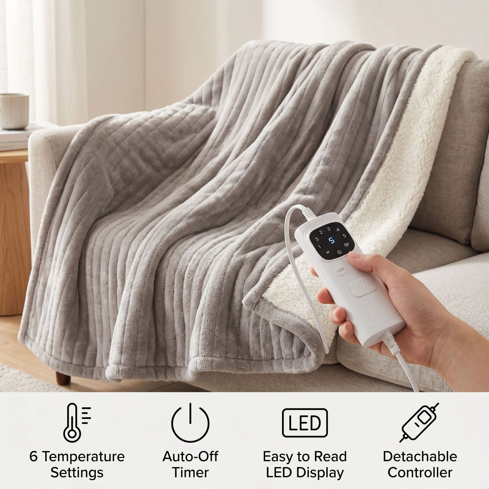 Lenoxx Heated Throw Blanket – Grey & Cream Fleece