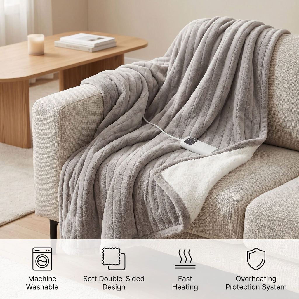Lenoxx Heated Throw Blanket – Grey & Cream Fleece