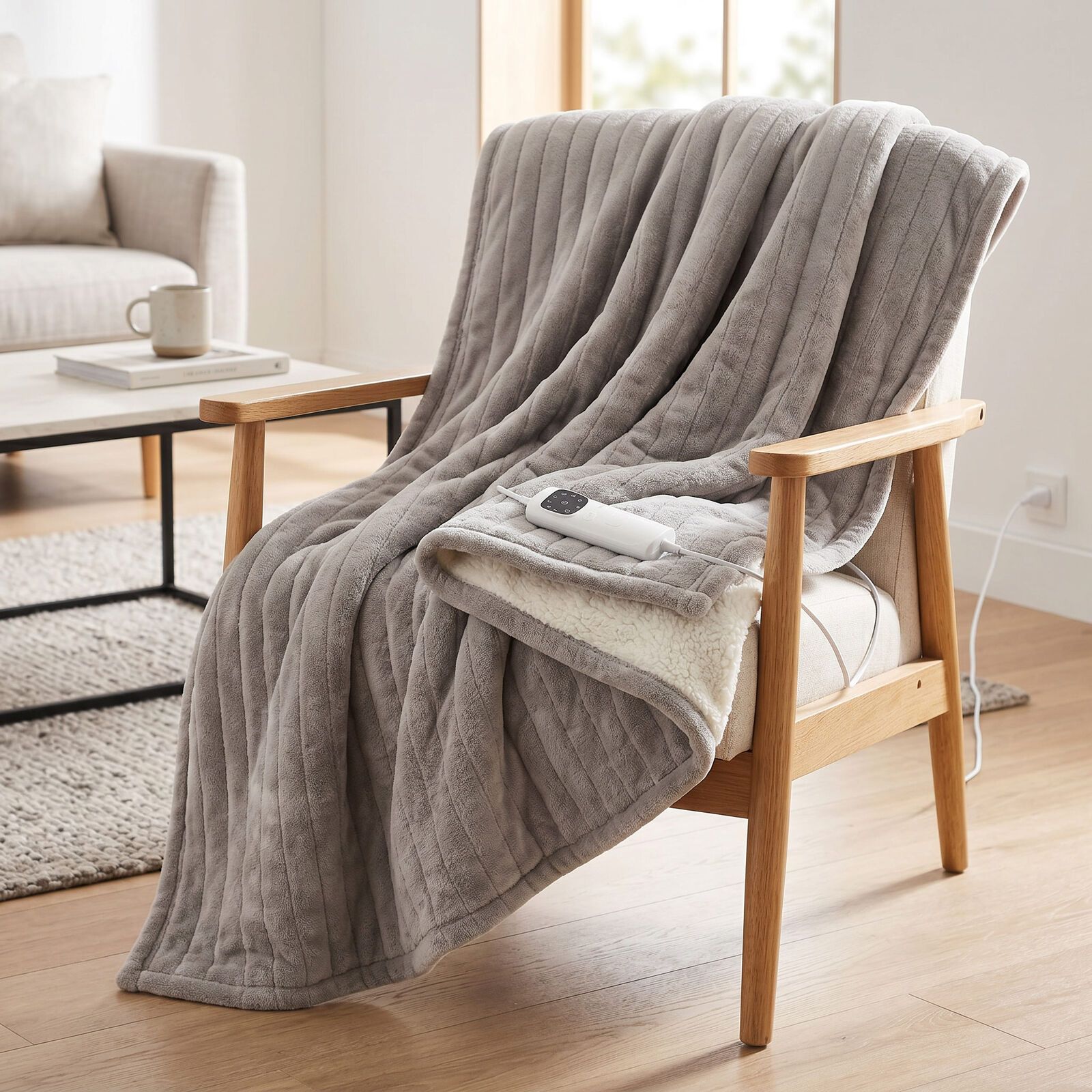Lenoxx Heated Throw Blanket – Grey & Cream Fleece