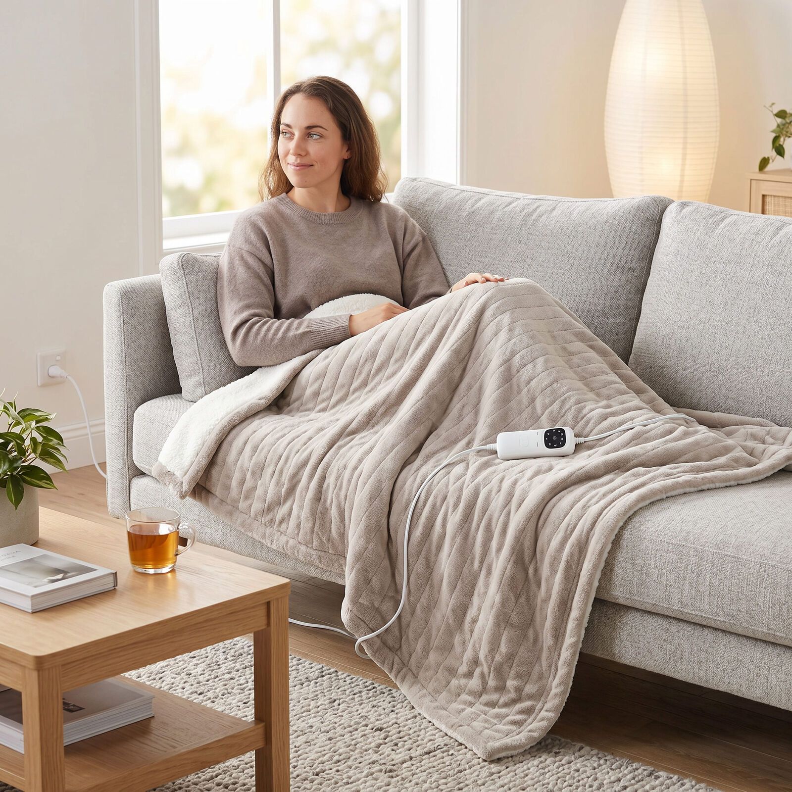 Lenoxx Heated Throw Blanket – Grey & Cream Fleece