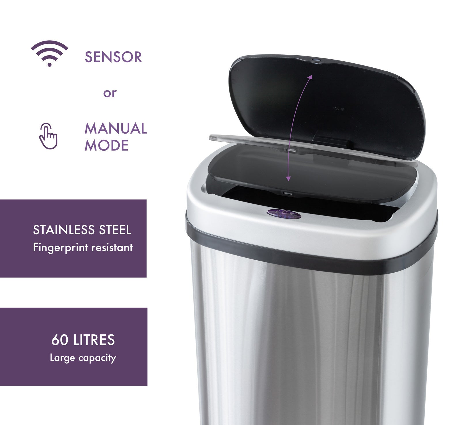 60L Stainless Steel Motion Sensor Bin