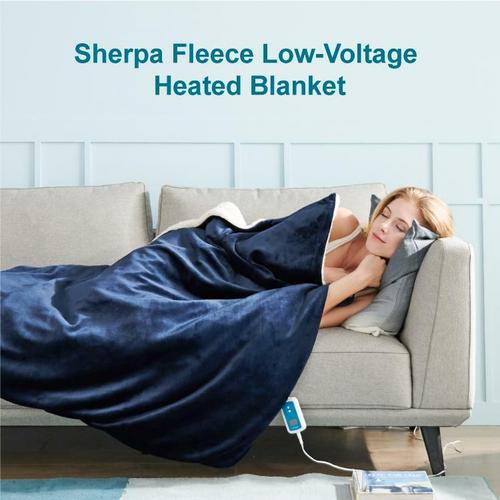 Double-Sided Heated Throw with Detachable Controller – Blue