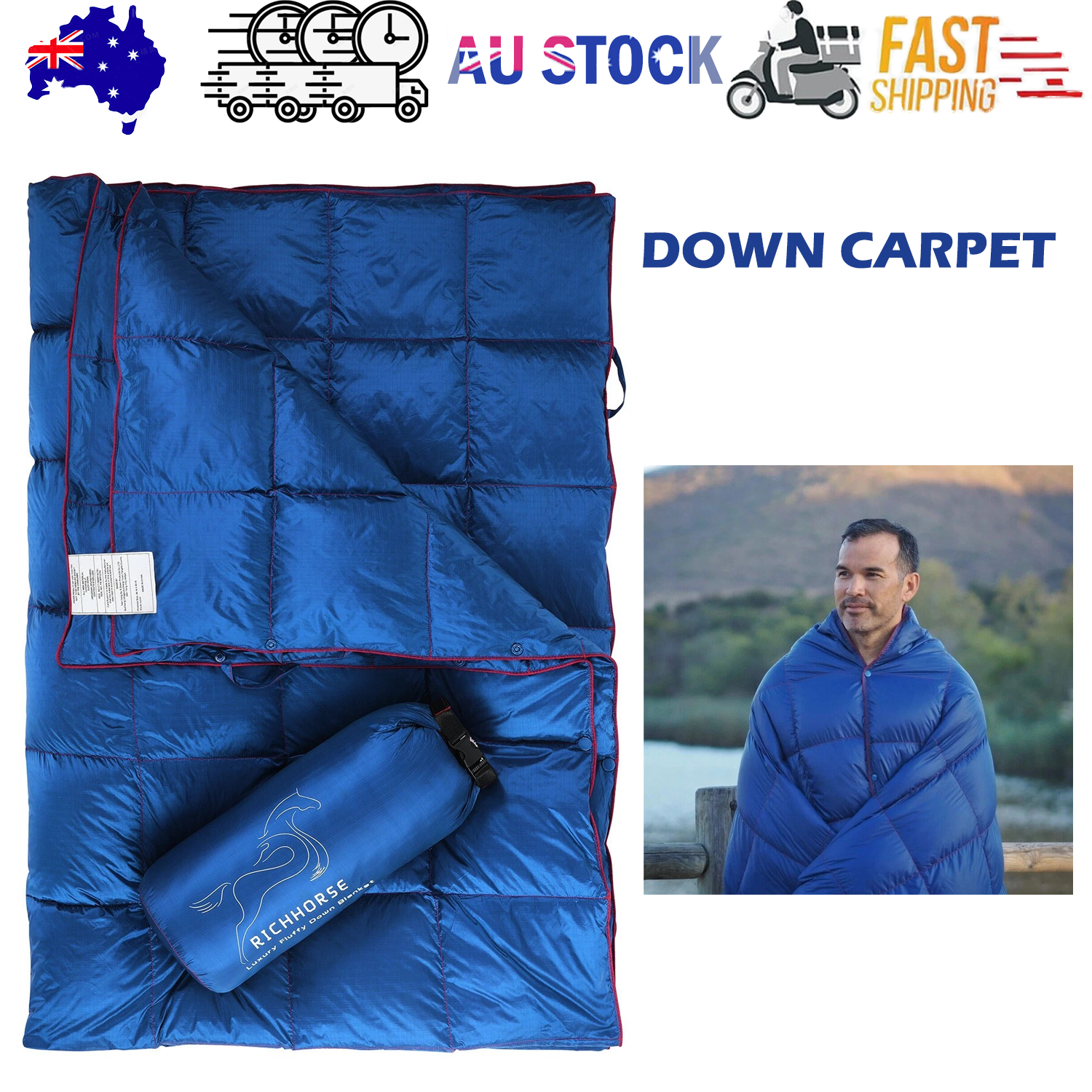 Packable Down-Blend Camping Blanket – Blue, 190.5 × 129.5 cm