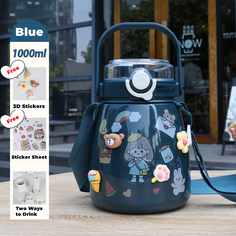 1L Stainless Steel Straw Bottle – Blue