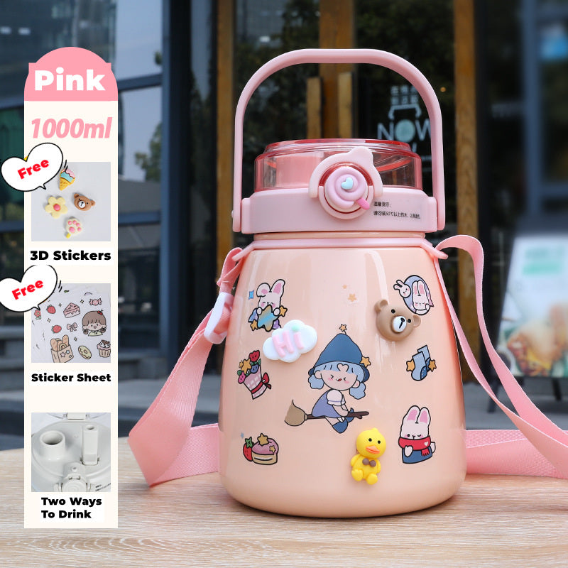 1L Stainless Steel Straw Bottle – Pink