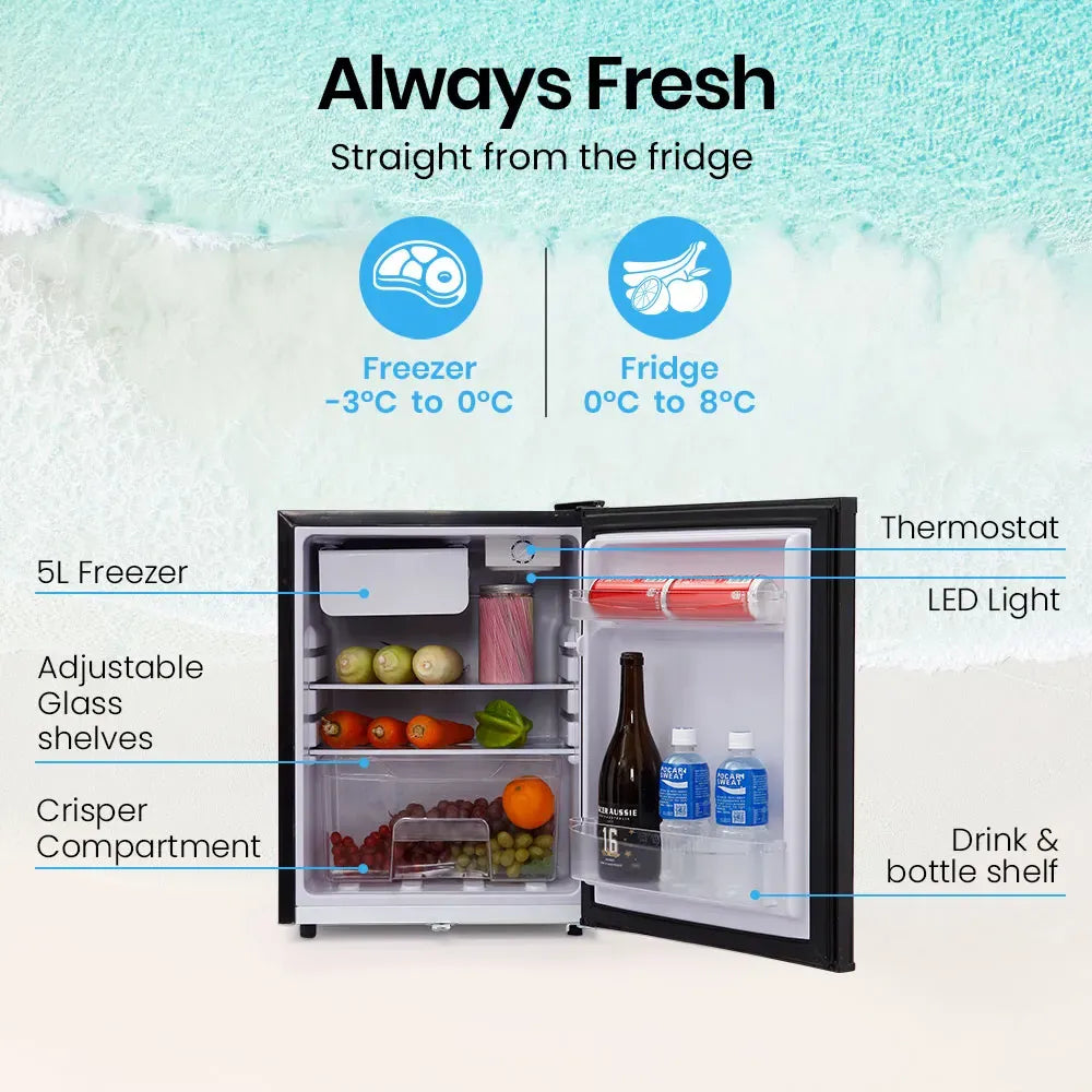 GECKO 70L Portable Bar Fridge and Freezer 12V/24V for Camping, Caravans, Black