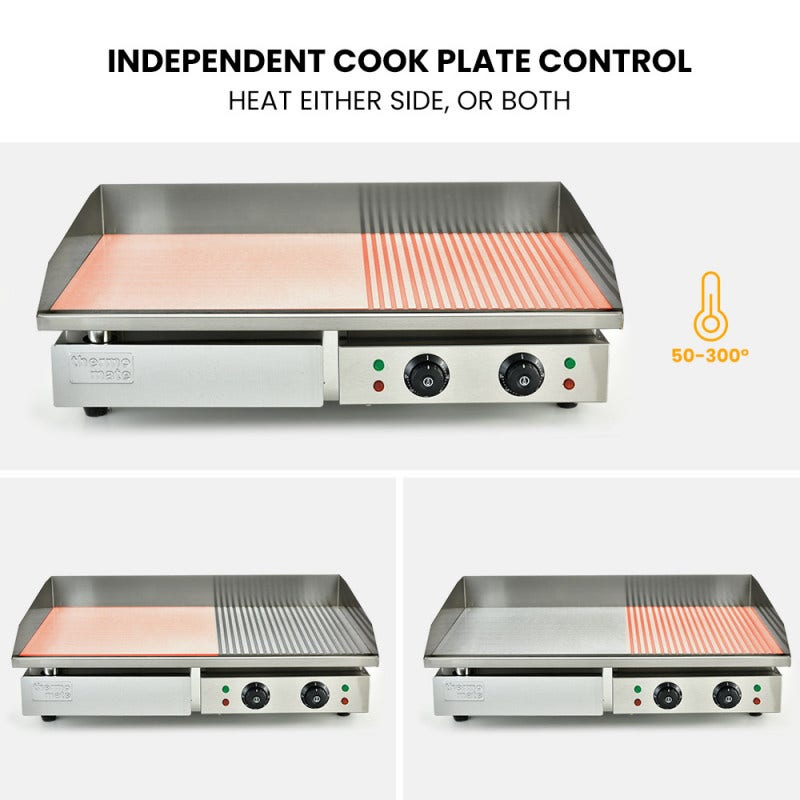 THERMOMATE Commercial Electric Griddle TH-G06, 4400W 73x40cm Half Ribbed Dual Surface