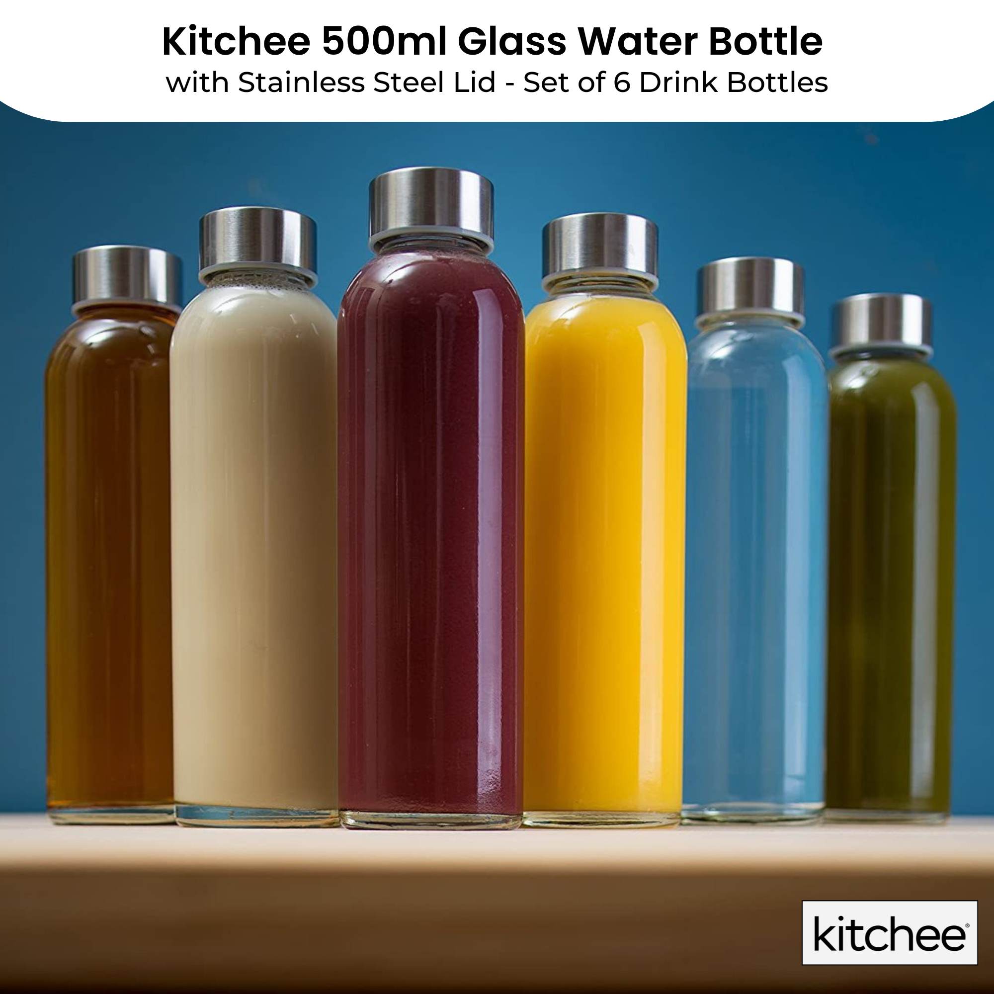 Kitchee Glass Water Bottles 500ml – Set of 6