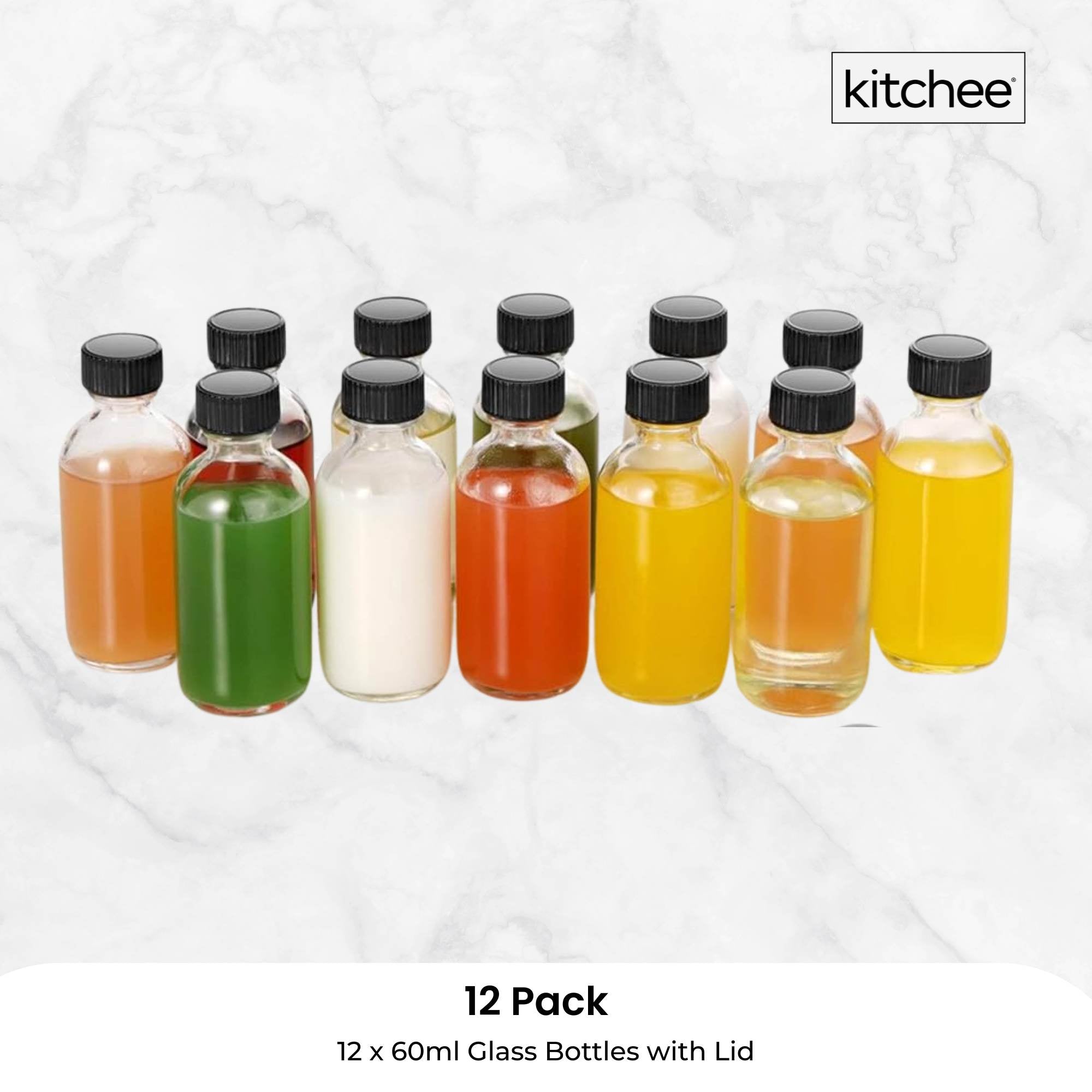 Kitchee 60ml Glass Bottles with Labels – Set of 12