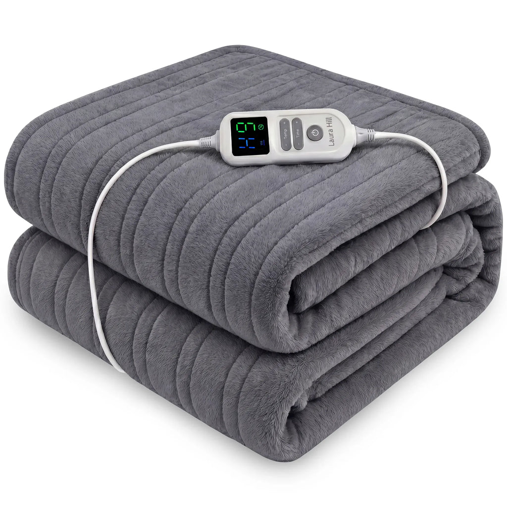 Laura Hill XL Electric Heated Blanket Throw Soft Coral Fleece with 10 Heat Settings - Grey