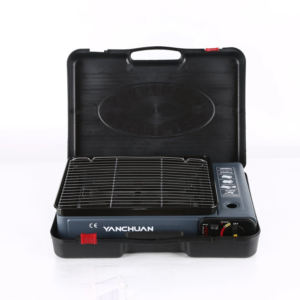 Portable Gas Stove Burner Butane BBQ Camping Gas Cooker With Non Stick Plate Black with Fish Pan and Lid