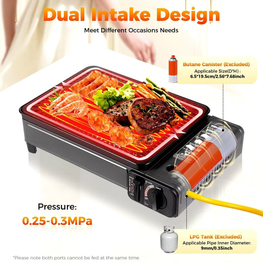 Portable Gas Stove Burner Butane BBQ Camping Gas Cooker With Non Stick Plate Black with Fish Pan and Lid
