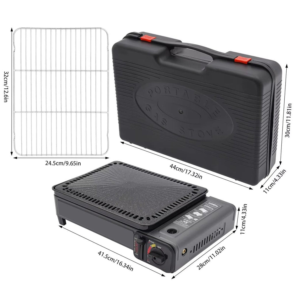 Portable Gas Stove Burner Butane BBQ Camping Gas Cooker With Non Stick Plate Black with Fish Pan and Lid