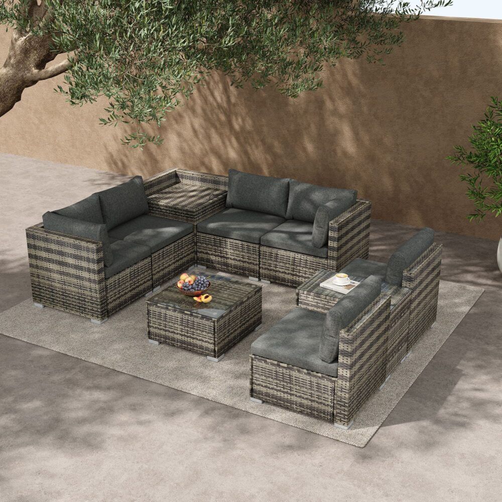 9-Piece Modular Wicker Outdoor Lounge Setting with Storage