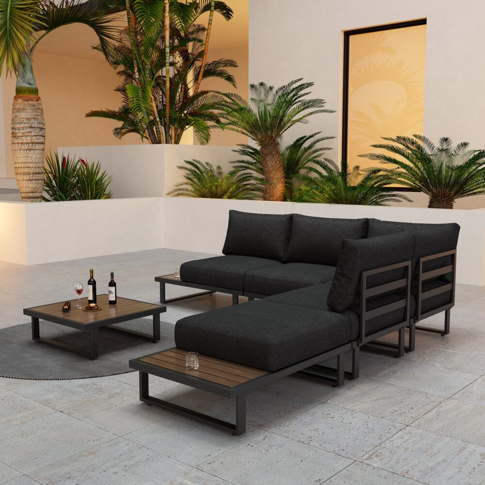 7-Piece Black Aluminium Modular Outdoor Lounge Set