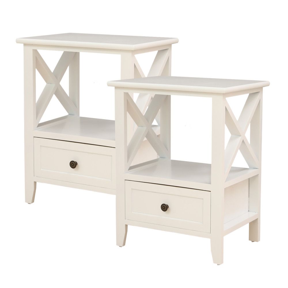 Rustic White Bedside Tables with Drawer, Set of 2