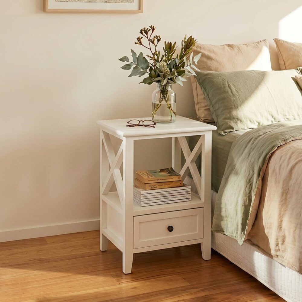 Rustic White Bedside Tables with Drawer, Set of 2