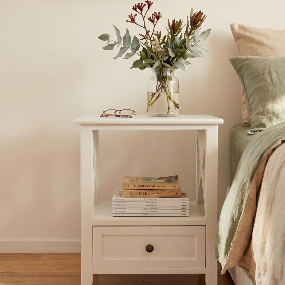 Rustic White Bedside Tables with Drawer, Set of 2