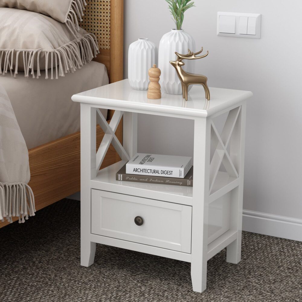 Rustic White Bedside Tables with Drawer, Set of 2