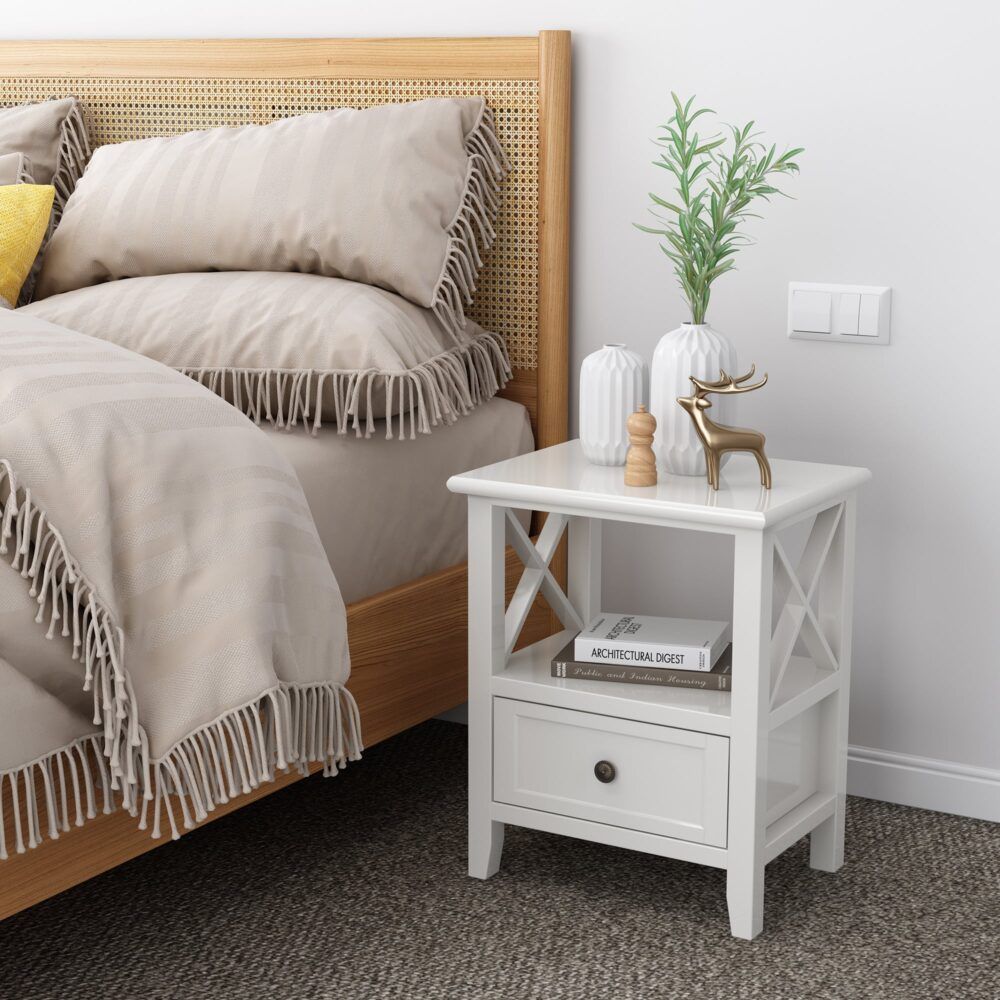 Rustic White Bedside Tables with Drawer, Set of 2
