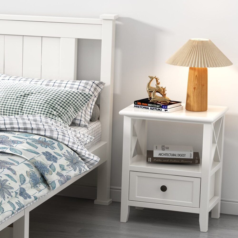 Rustic White Bedside Tables with Drawer, Set of 2