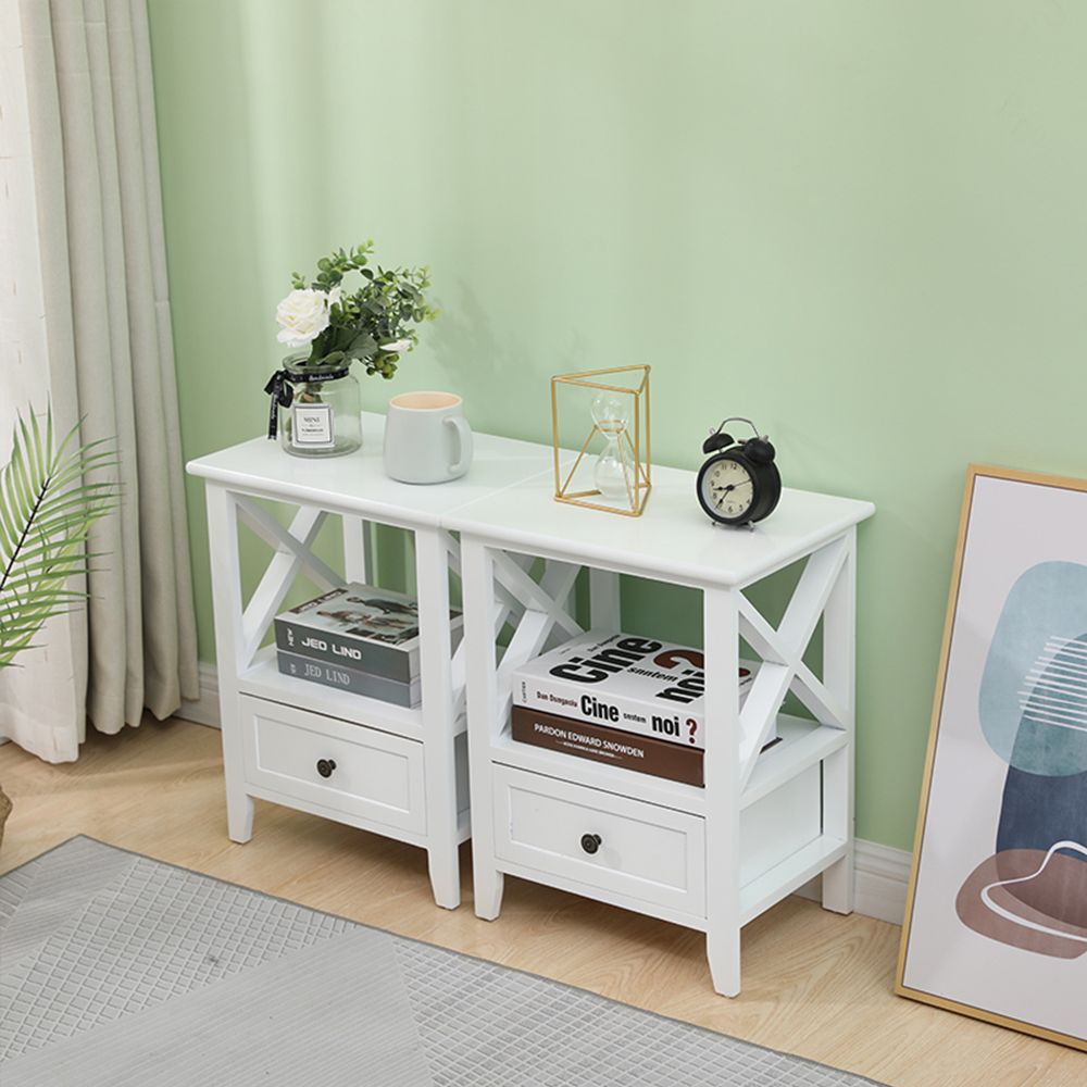 Rustic White Bedside Tables with Drawer, Set of 2