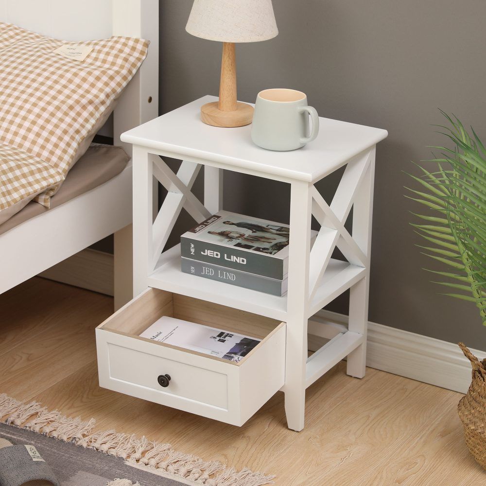 Rustic White Bedside Tables with Drawer, Set of 2