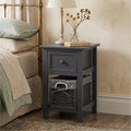 Grey Bedside Table with Wicker Basket