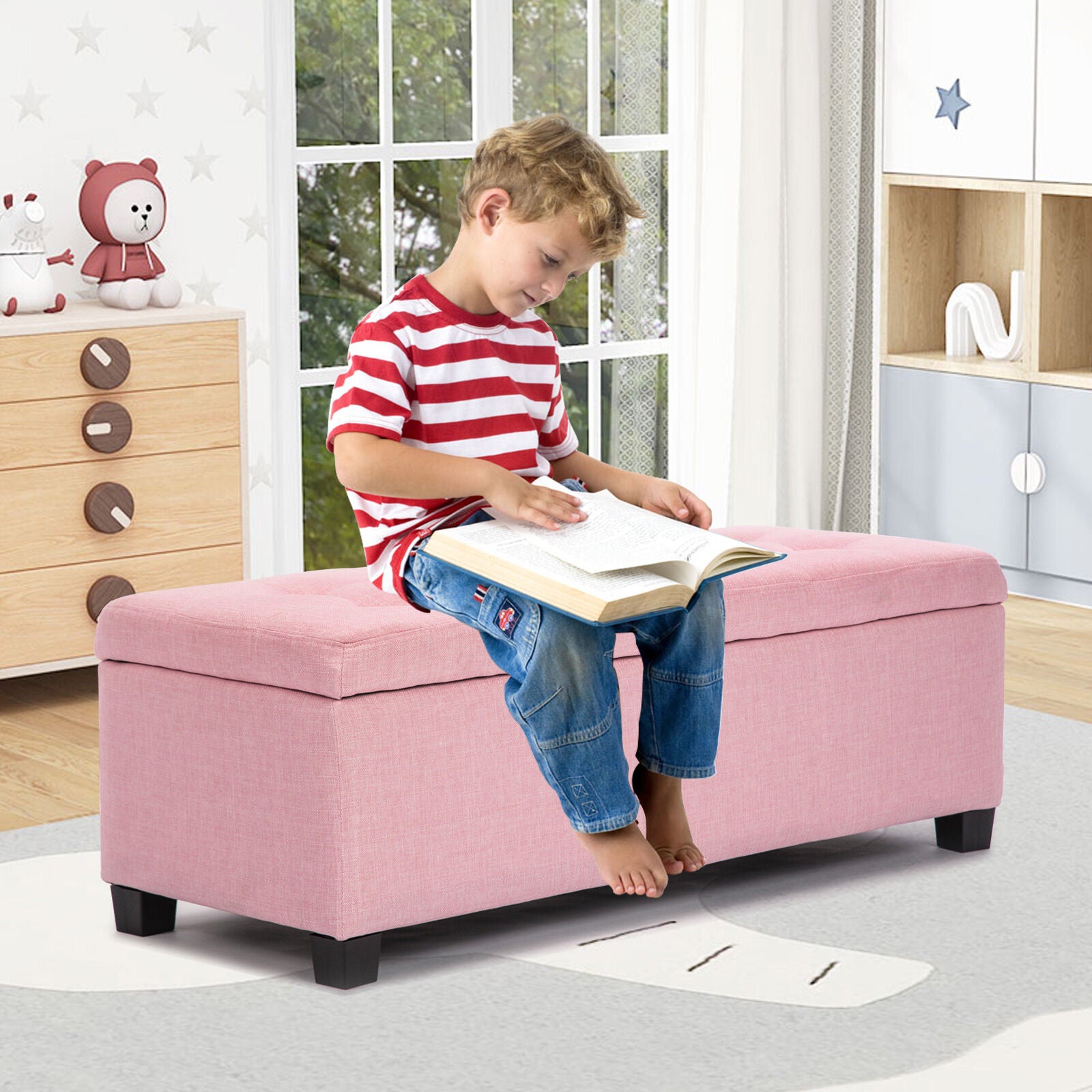 Storage Ottoman Stool 102cm Fabric PINK