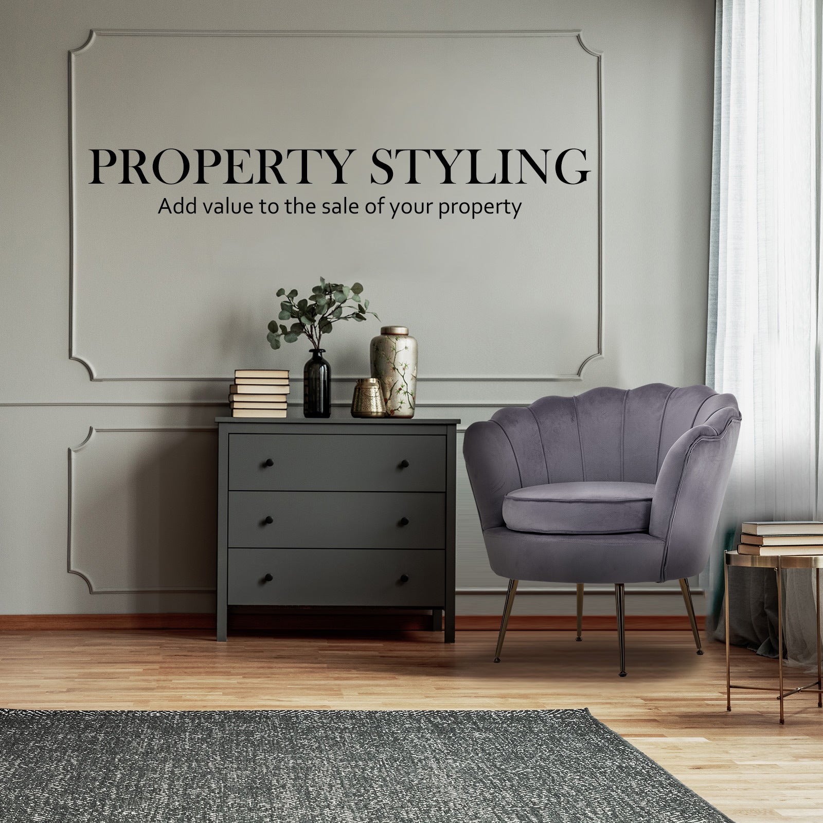 La Bella Scalloped Velvet-Style Armchair – Grey
