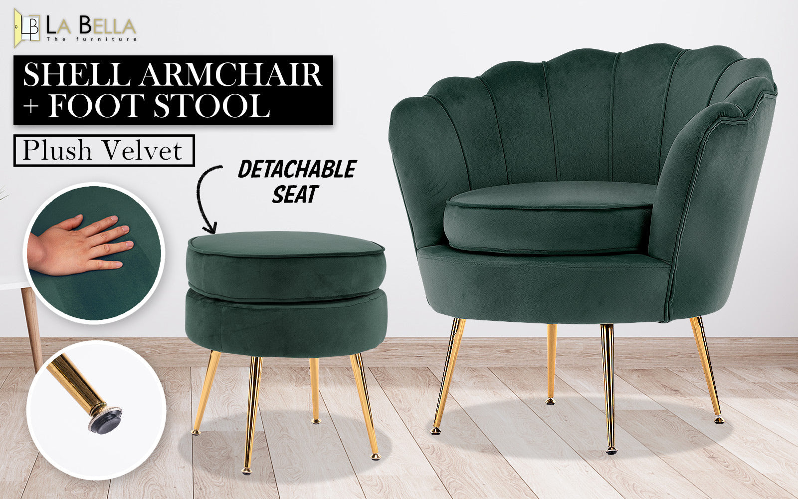 La Bella Scalloped Velvet-Style Armchair with Round Ottoman – Green