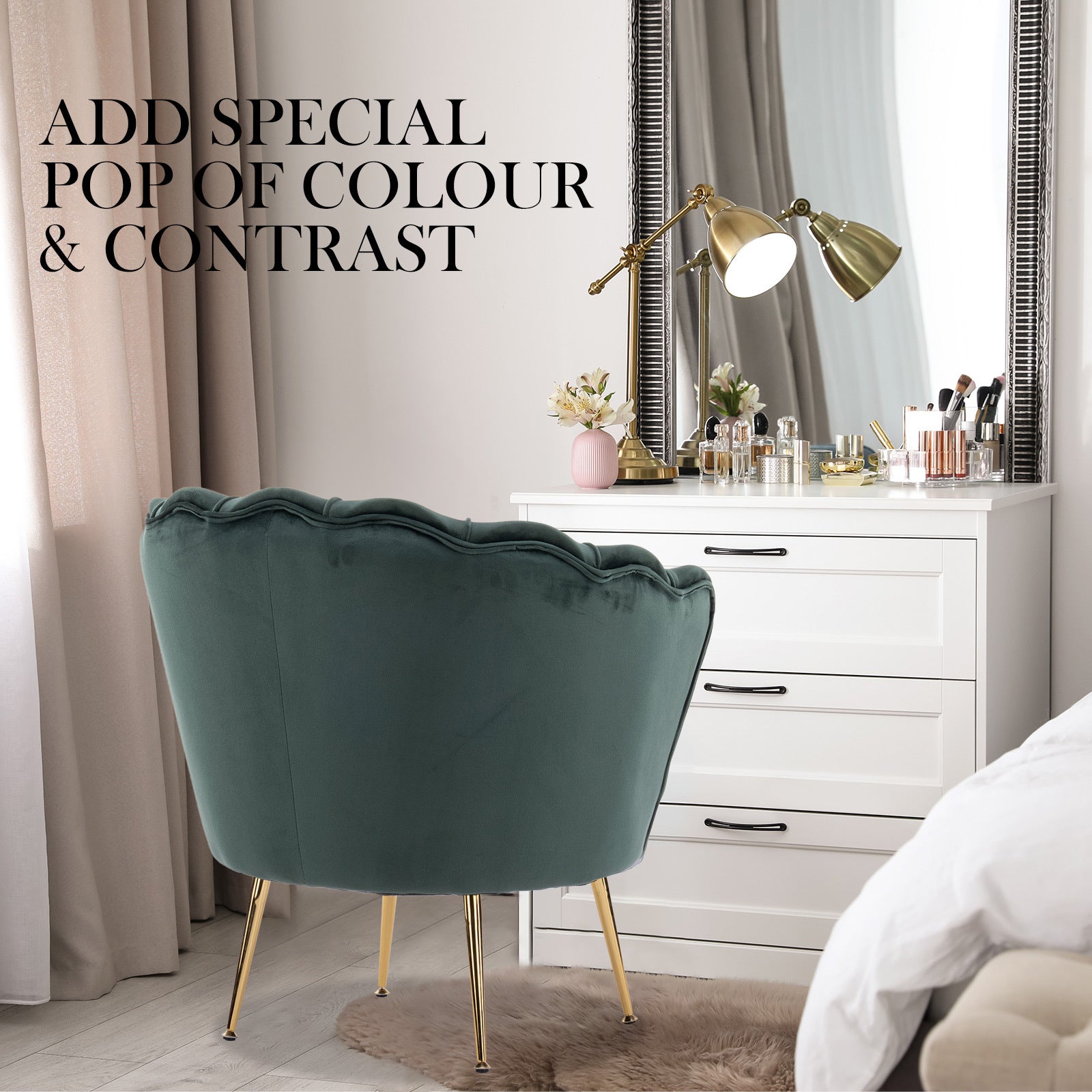 La Bella Scalloped Velvet-Style Armchair with Round Ottoman – Green