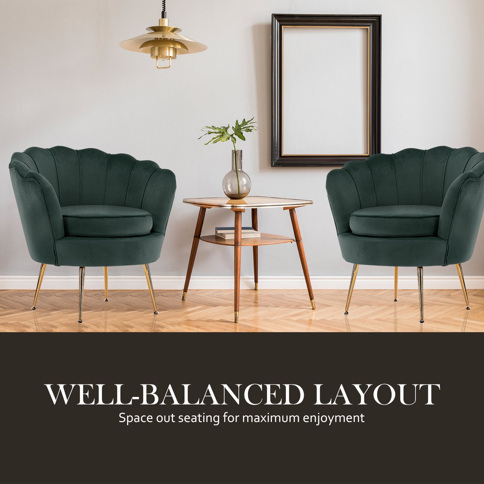 La Bella Scalloped Velvet-Style Armchair with Round Ottoman – Green
