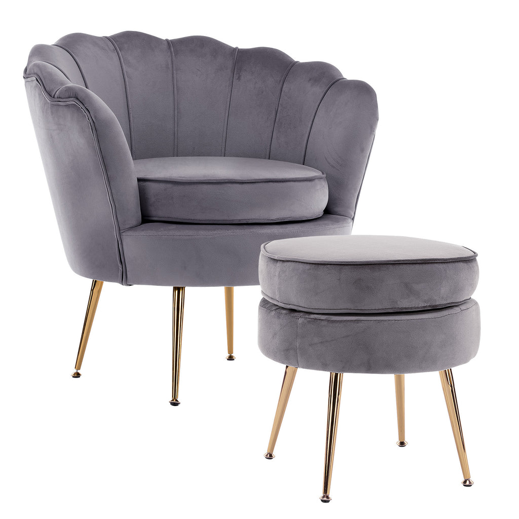 La Bella Scalloped Velvet-Style Armchair with Round Ottoman – Grey