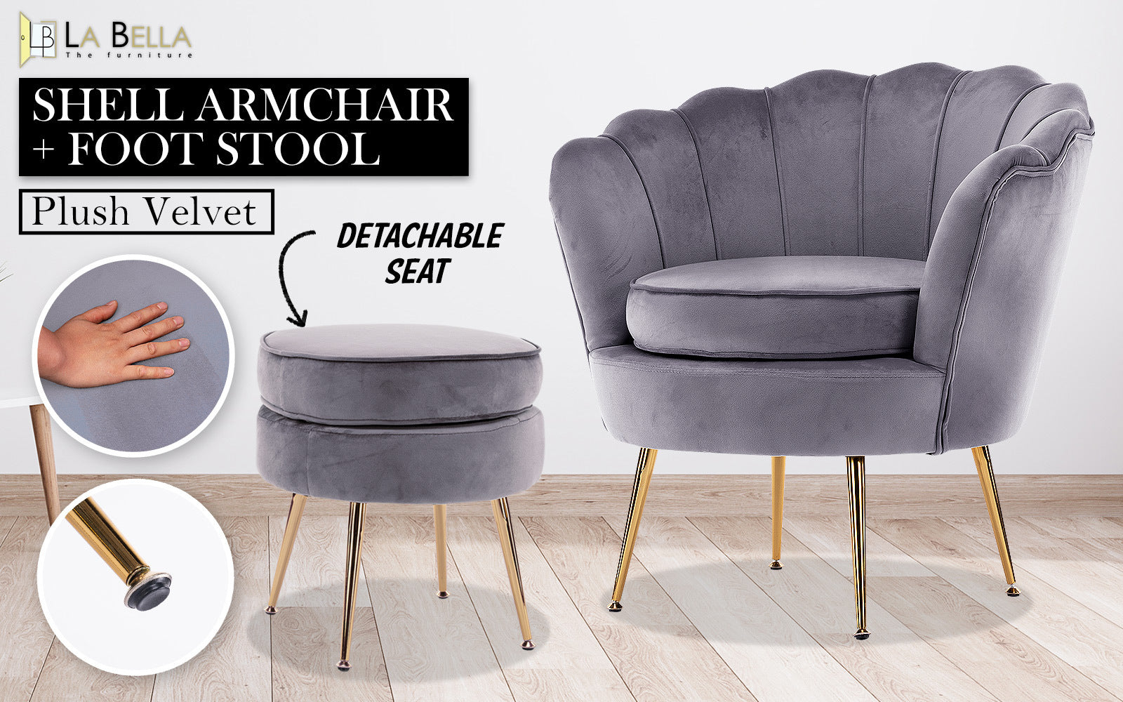 La Bella Scalloped Velvet-Style Armchair with Round Ottoman – Grey